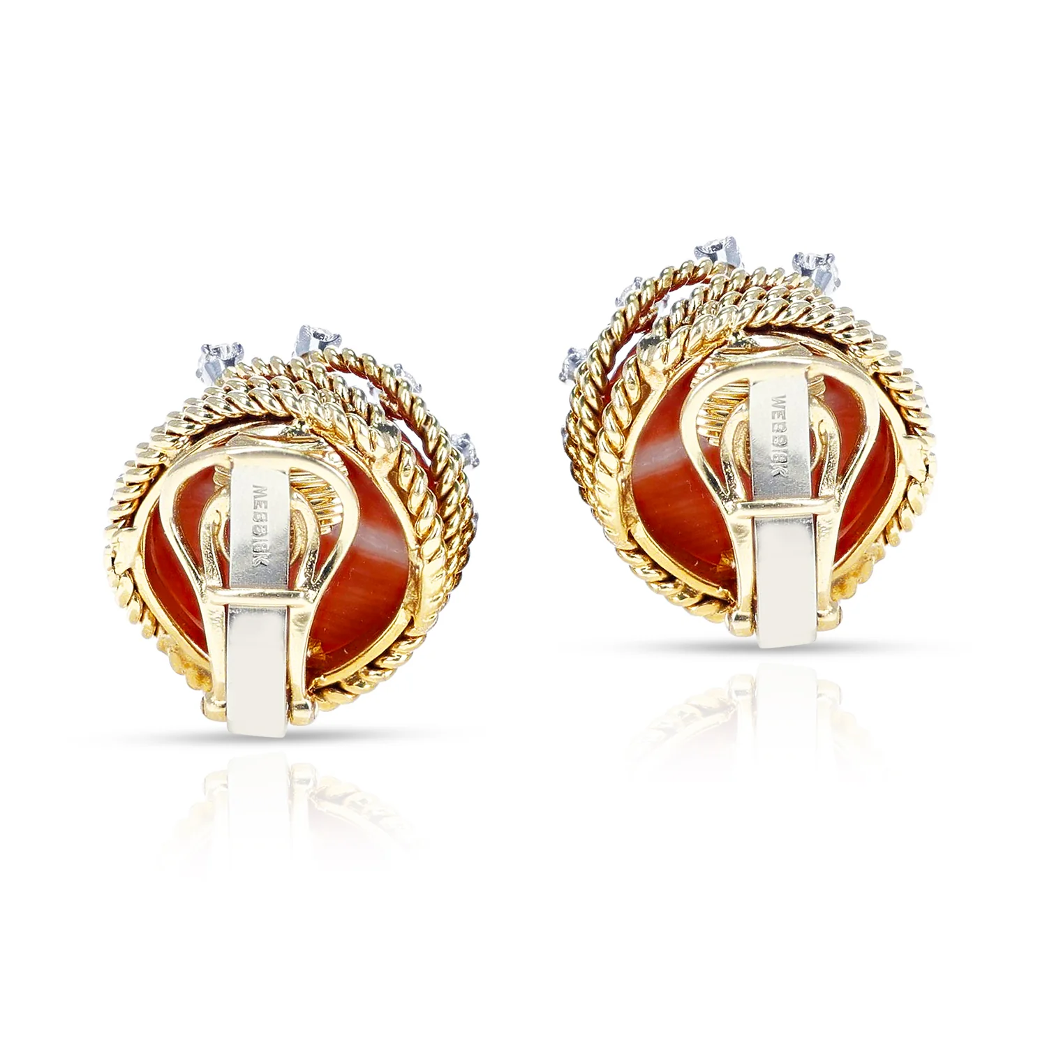 David Webb Coral Cabochon and Round Diamond Earrings