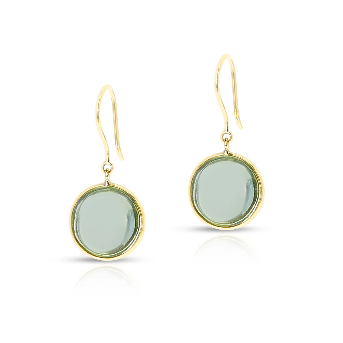 Green Amethyst Round Shape Dangling Earrings made in 18 Karat Yellow Gold.
