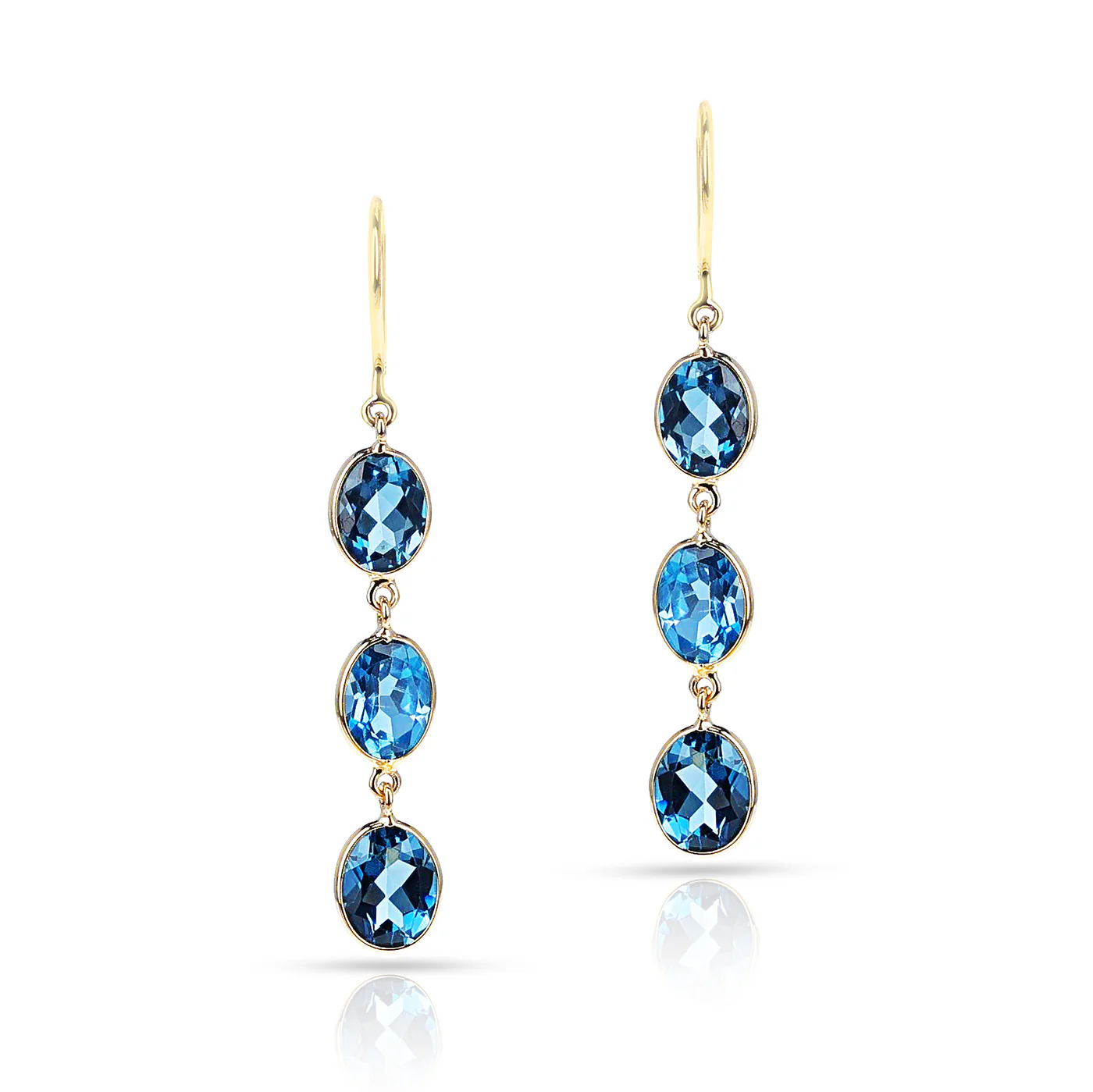 London Blue Topaz Oval Shape Dangling Earrings made in 18 Karat Yellow Gold.