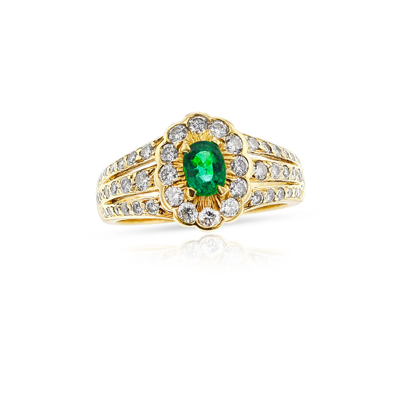 Vintage Inspired Floral Emerald and Diamond Ring, 18K Yellow Gold