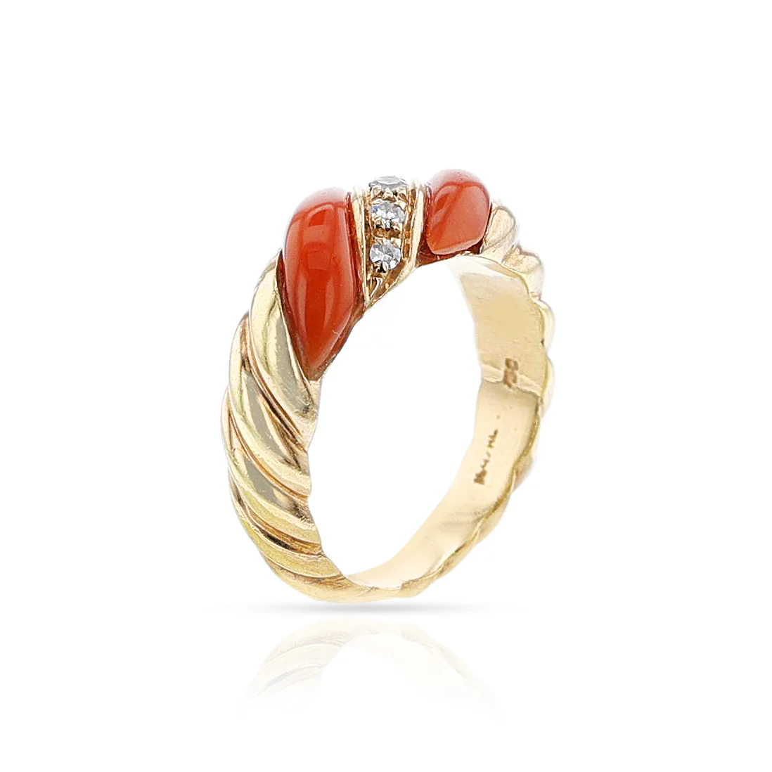 Coral, Diamond and Gold Twisted Ring, 18k