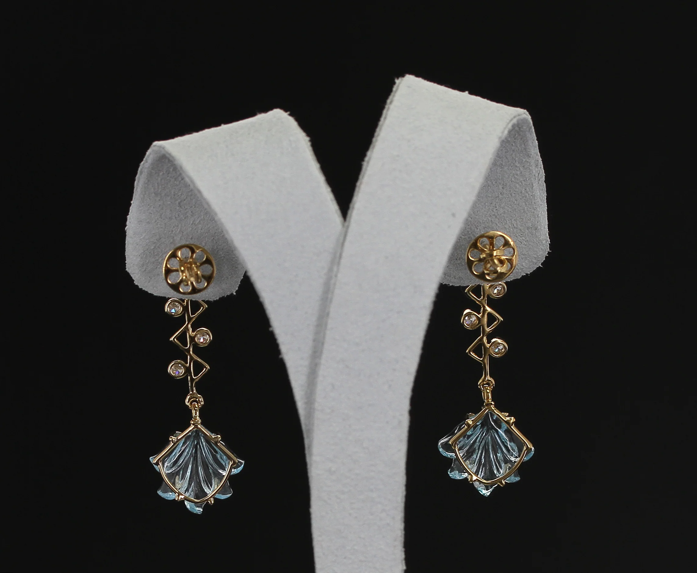 Cupid's Arrow Leaf Carved Blue Topaz Earrings with Diamonds, 14K Yellow Gold