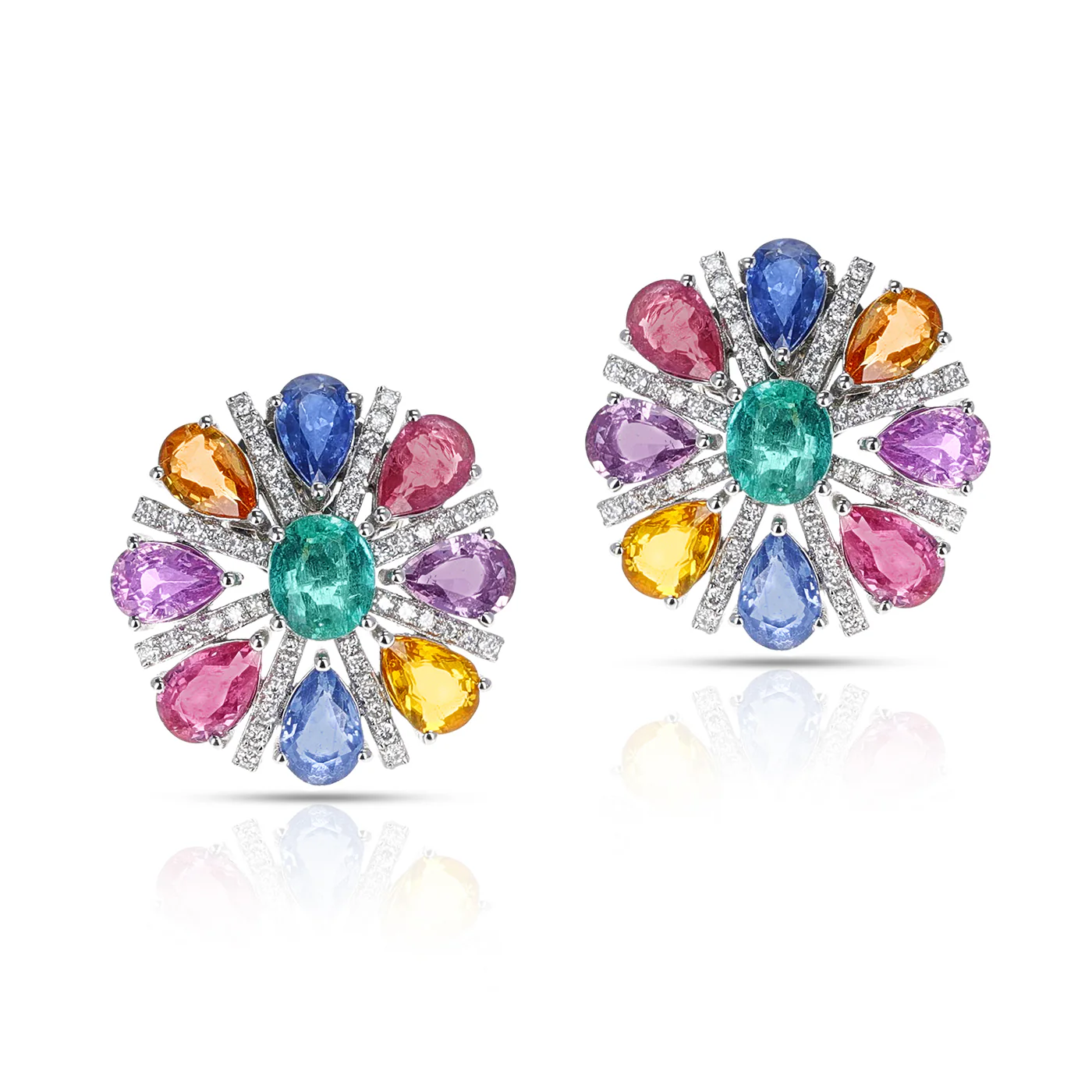 Pear Shape Multi-Sapphire, Oval Emerald and Diamond Cocktail Earrings, 18K White