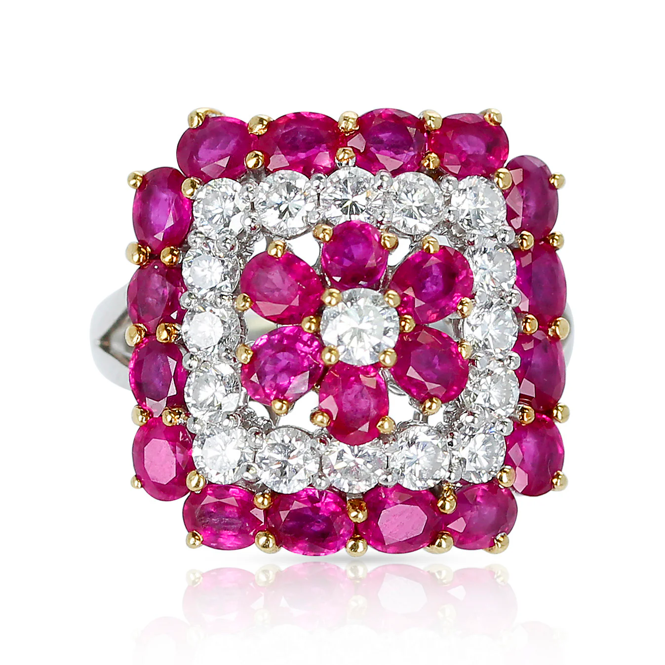 Floral-Design Ruby and Diamond Ring, Platinum & 18k Gold