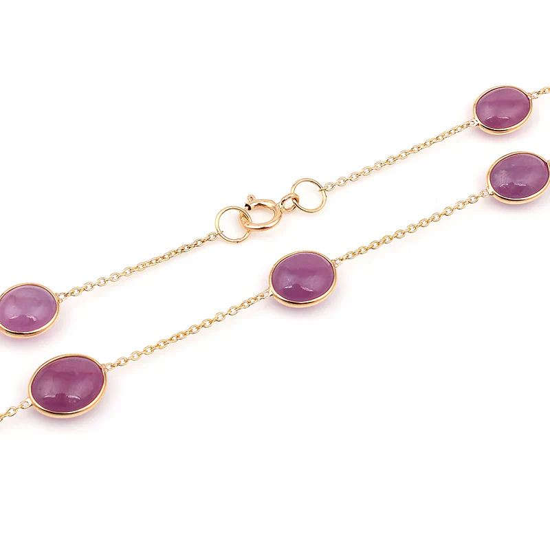 Dark Green and Red Tourmaline Cabochon Necklace, 18K Gold