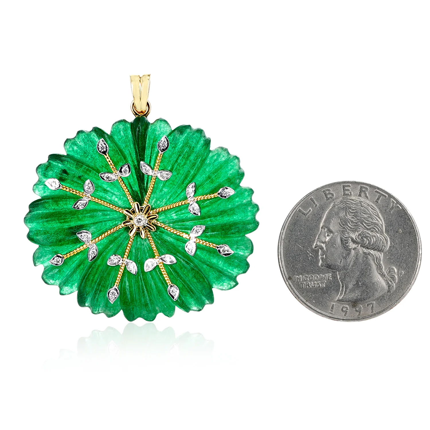 Carved Floral Jade Pendant with Diamonds, 14K