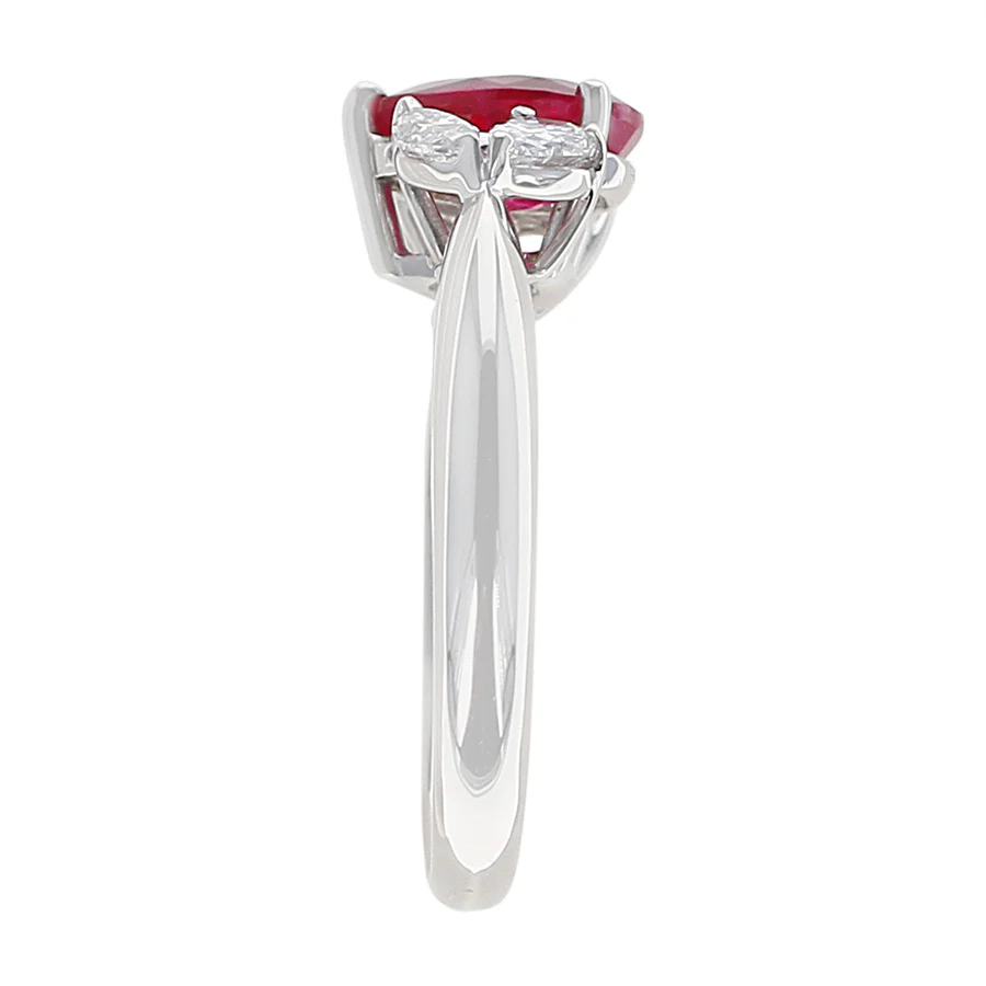 Pear Shape Ruby and Diamond Three Stone Ring, Platinum