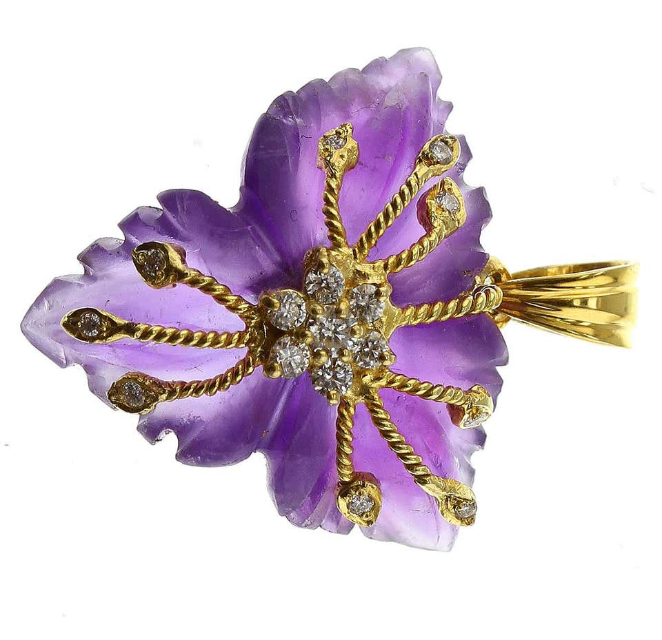 Carved Floral Amethyst Pendant with Diamonds