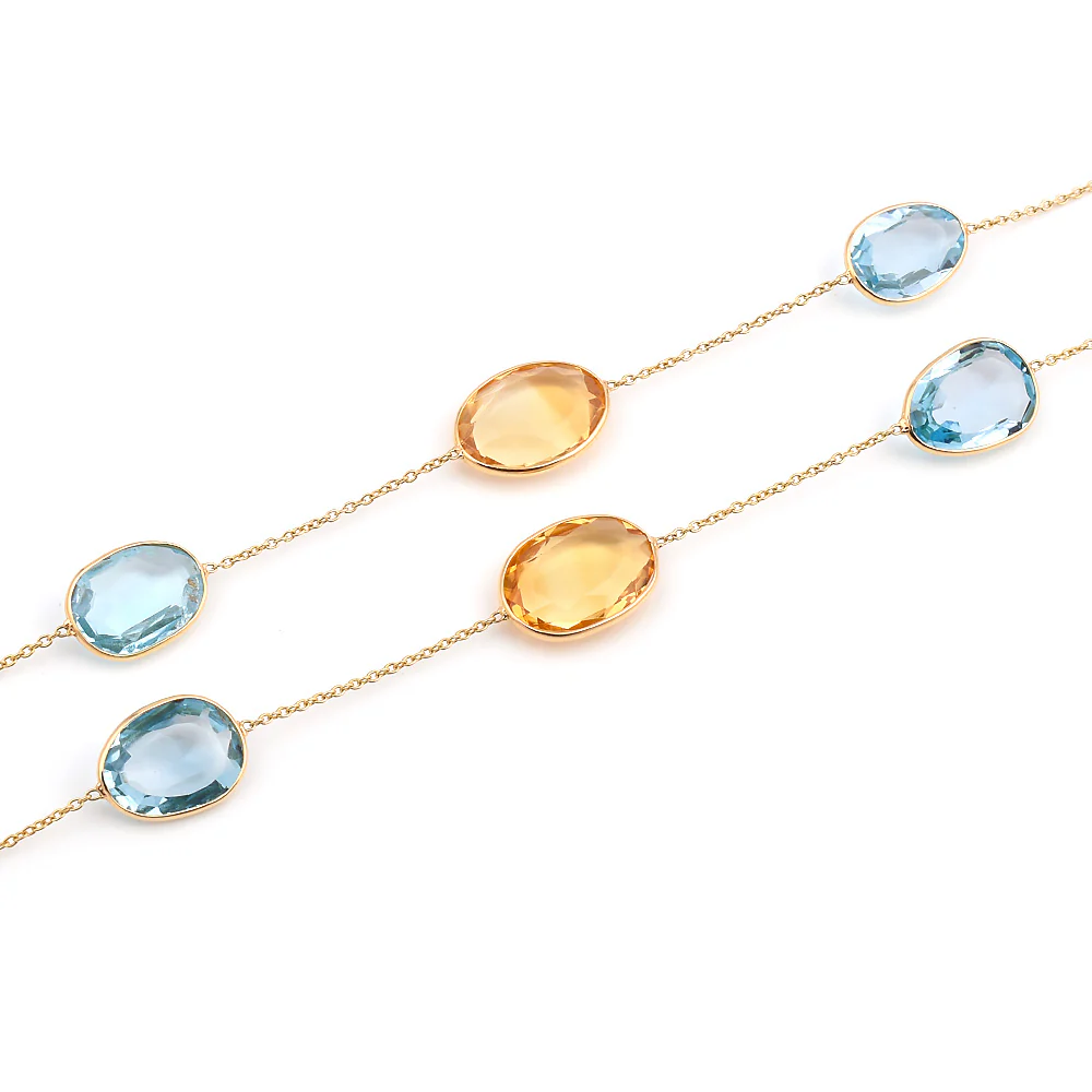 Oval shape Blue Topaz and Citrine Necklace, 18 Karat Gold