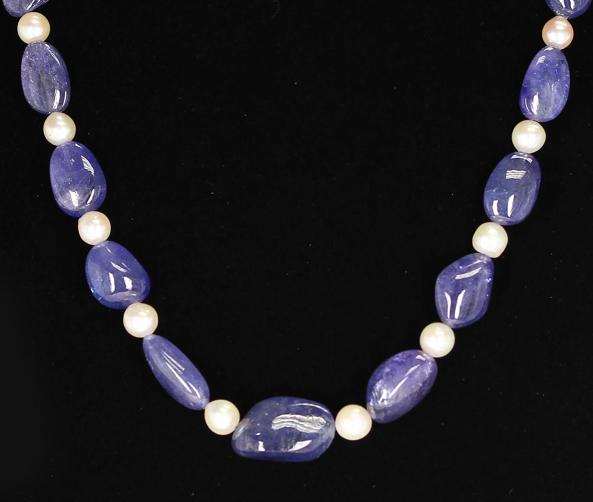 Tanzanite Tumbled Beads & Pearl Necklace, 14K Yellow Gold Clasp