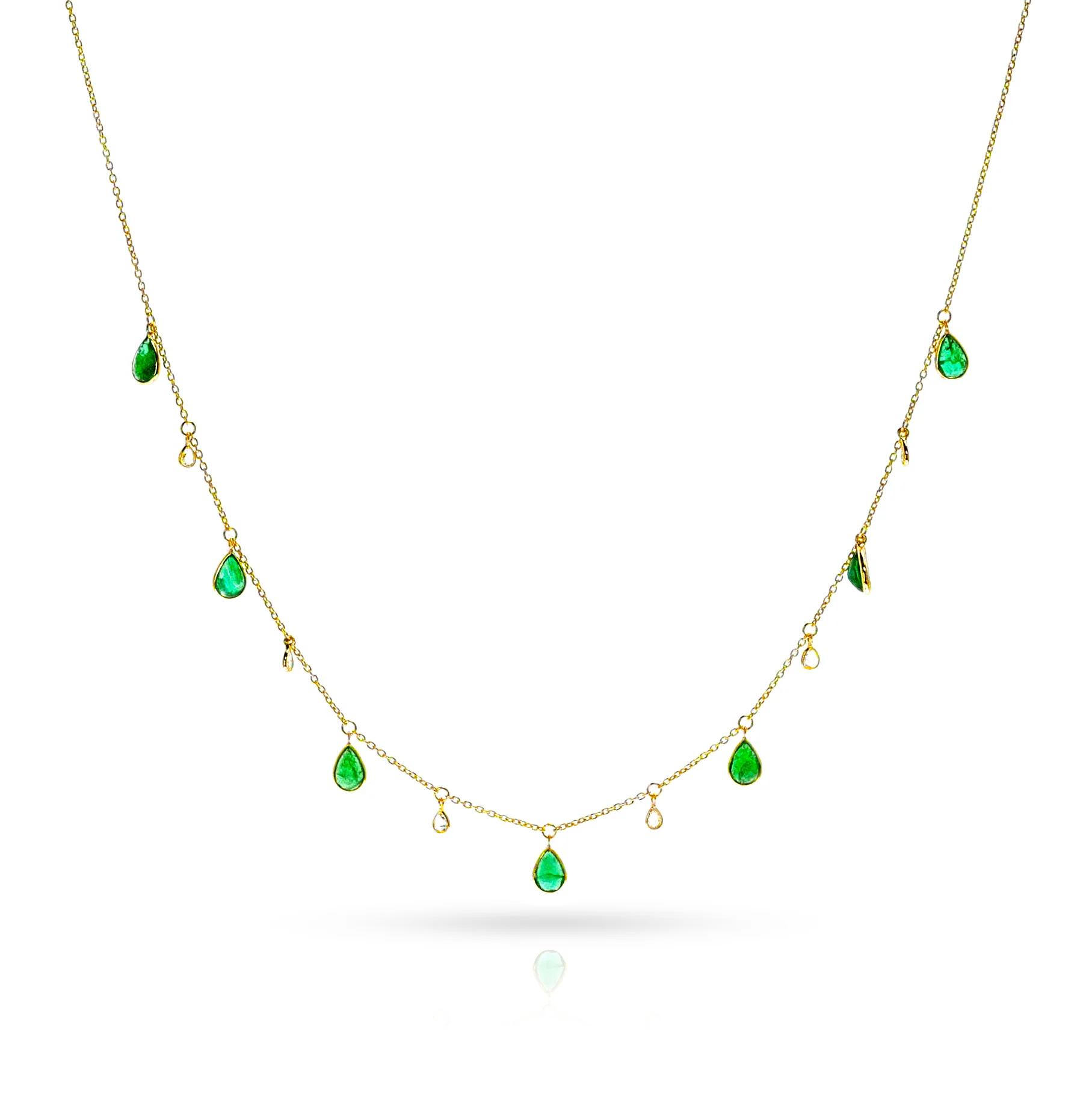 Emerald Pear and Diamond Rose Cut Drops Necklace, 18K