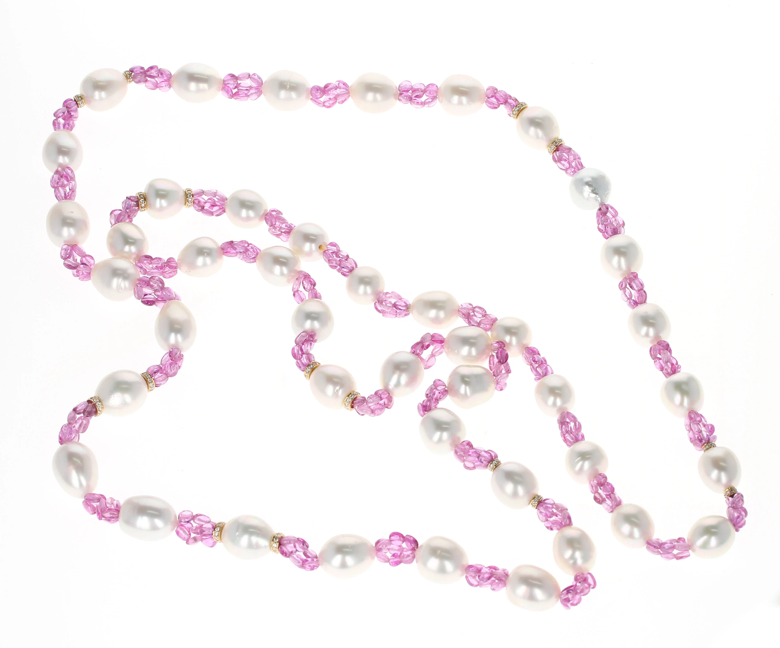 South Sea Pearl, Pink Sapphire, and Diamond & Gold Roundels Beads Necklace