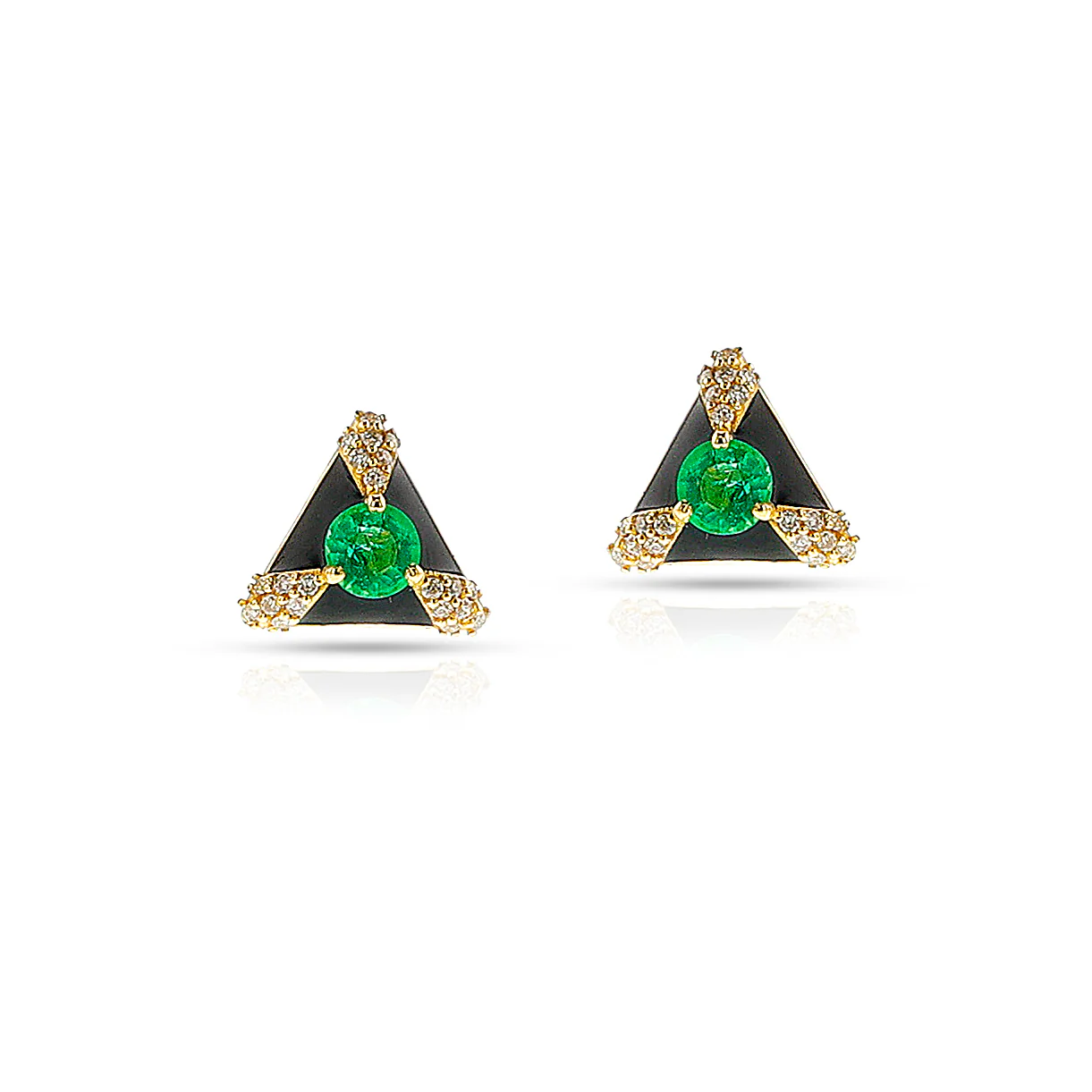 Black Enamel, Diamond and Emerald Triangle Earrings, 14k