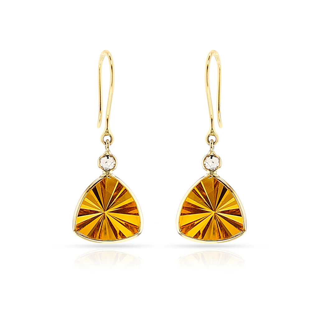 Triangular Citrine and Diamond Rose Cut Hoop Earrings, 18k