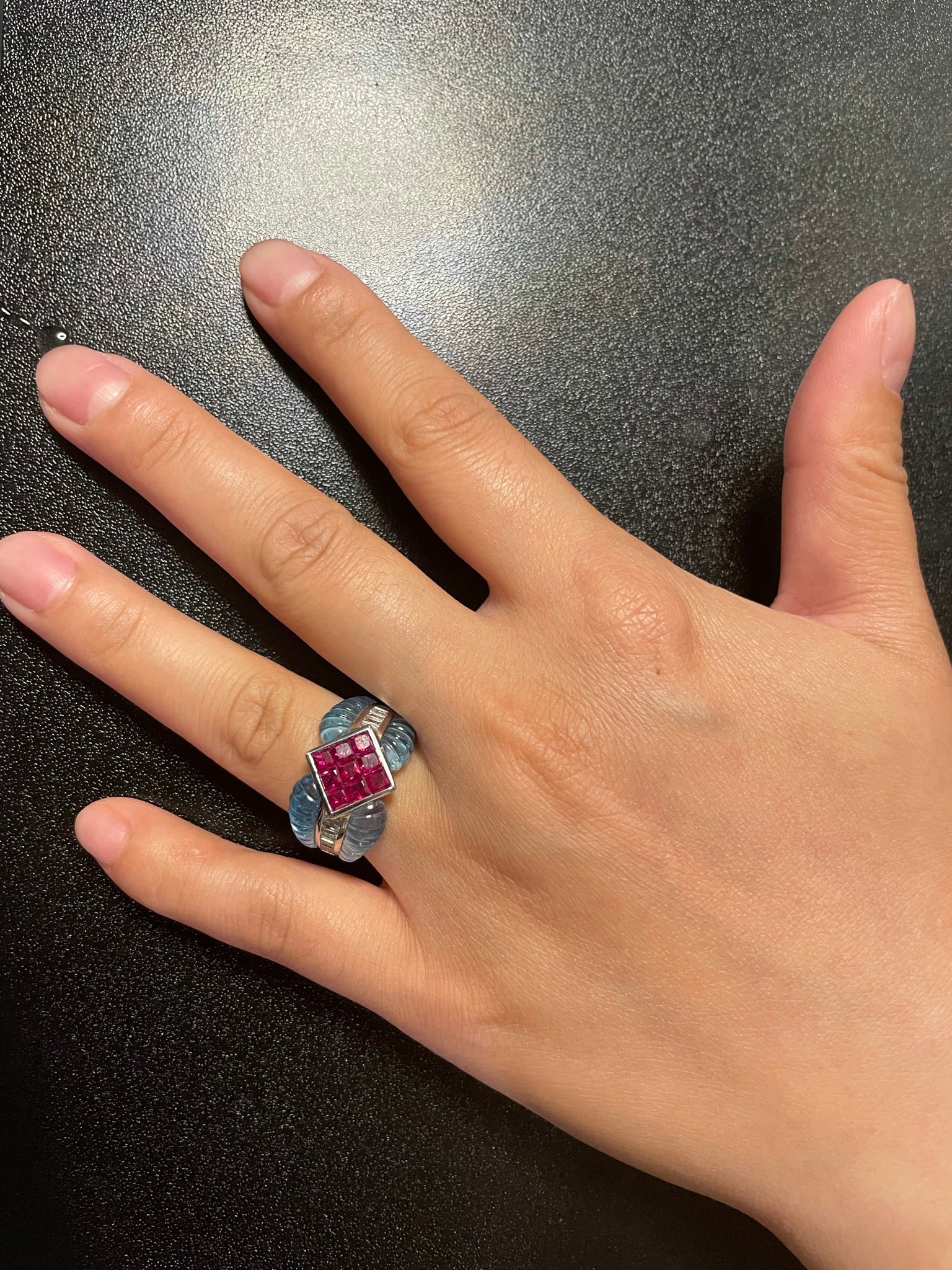 Carved Blue Topaz Ring with 1.40 ct. Ruby set with 0.46 cts. Diamonds, 18k Gold