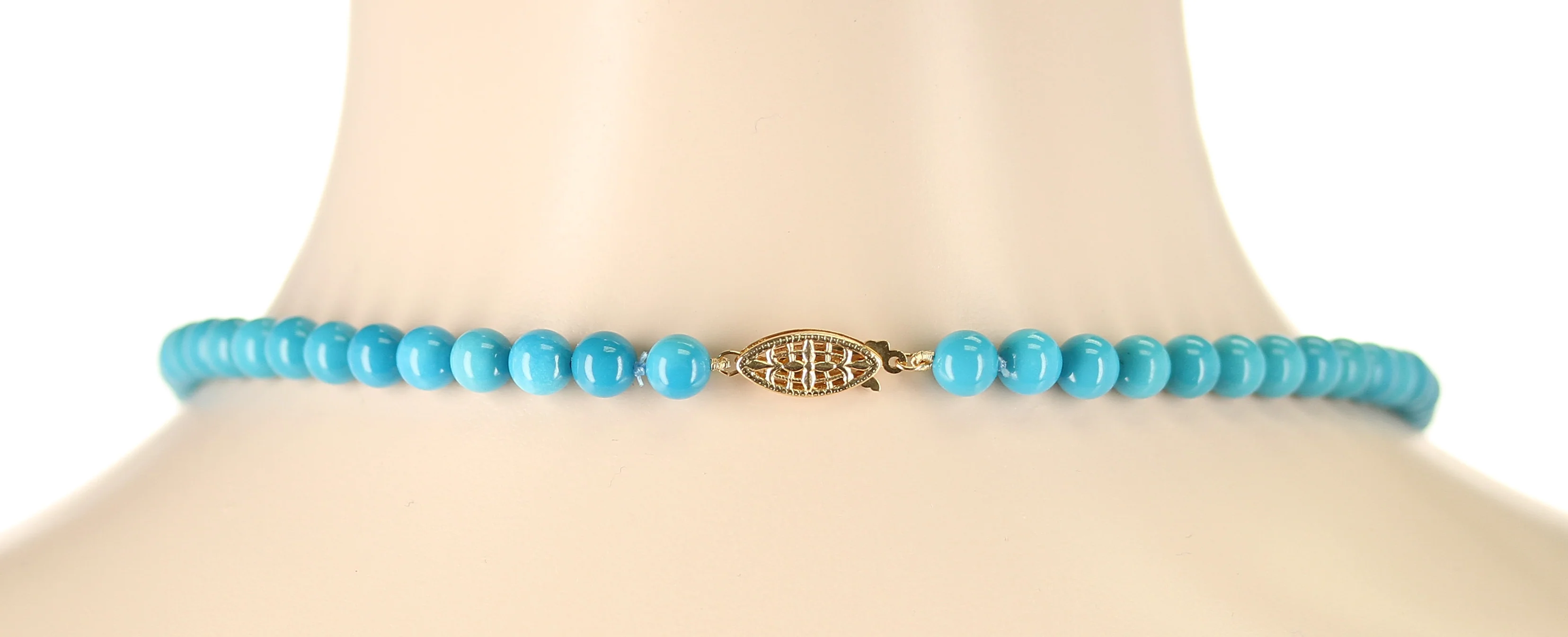 7MM Deep Blue Genuine Turquoise Beads Necklace, 14K Yellow Gold