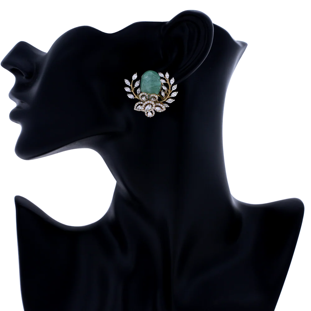 Emerald and Diamond Floral and Leaf Earrings, 18K Gold