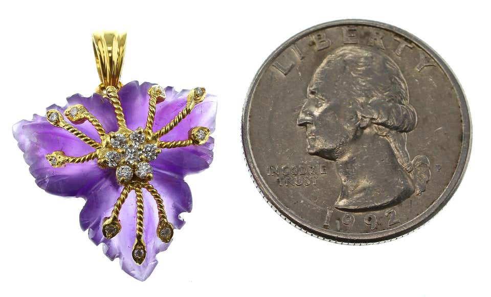 Carved Floral Amethyst Pendant with Diamonds