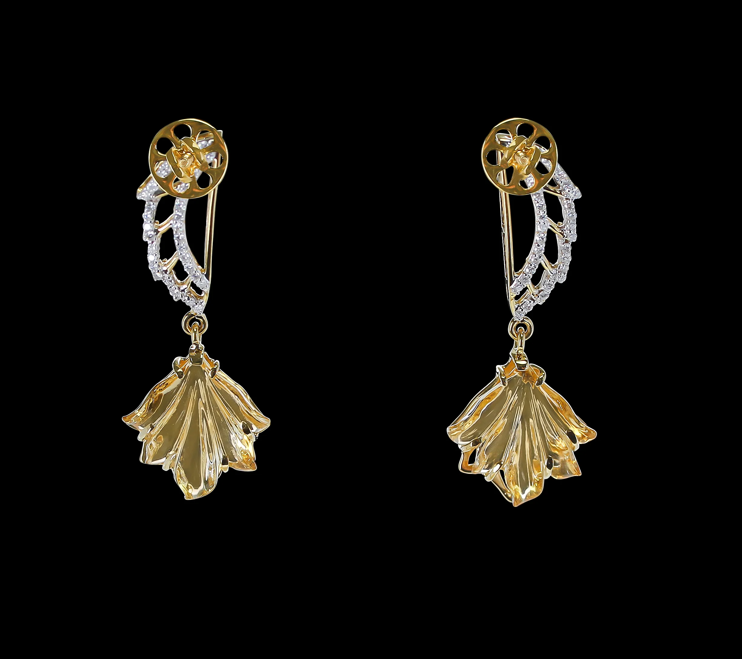 Carved Citrine and Diamond Wing Earrings, 14K Gold