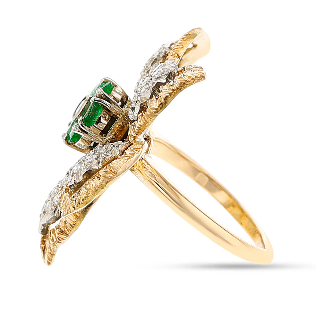 Floral Diamond and Emerald Earring, Ring, Pendant Set, 18k