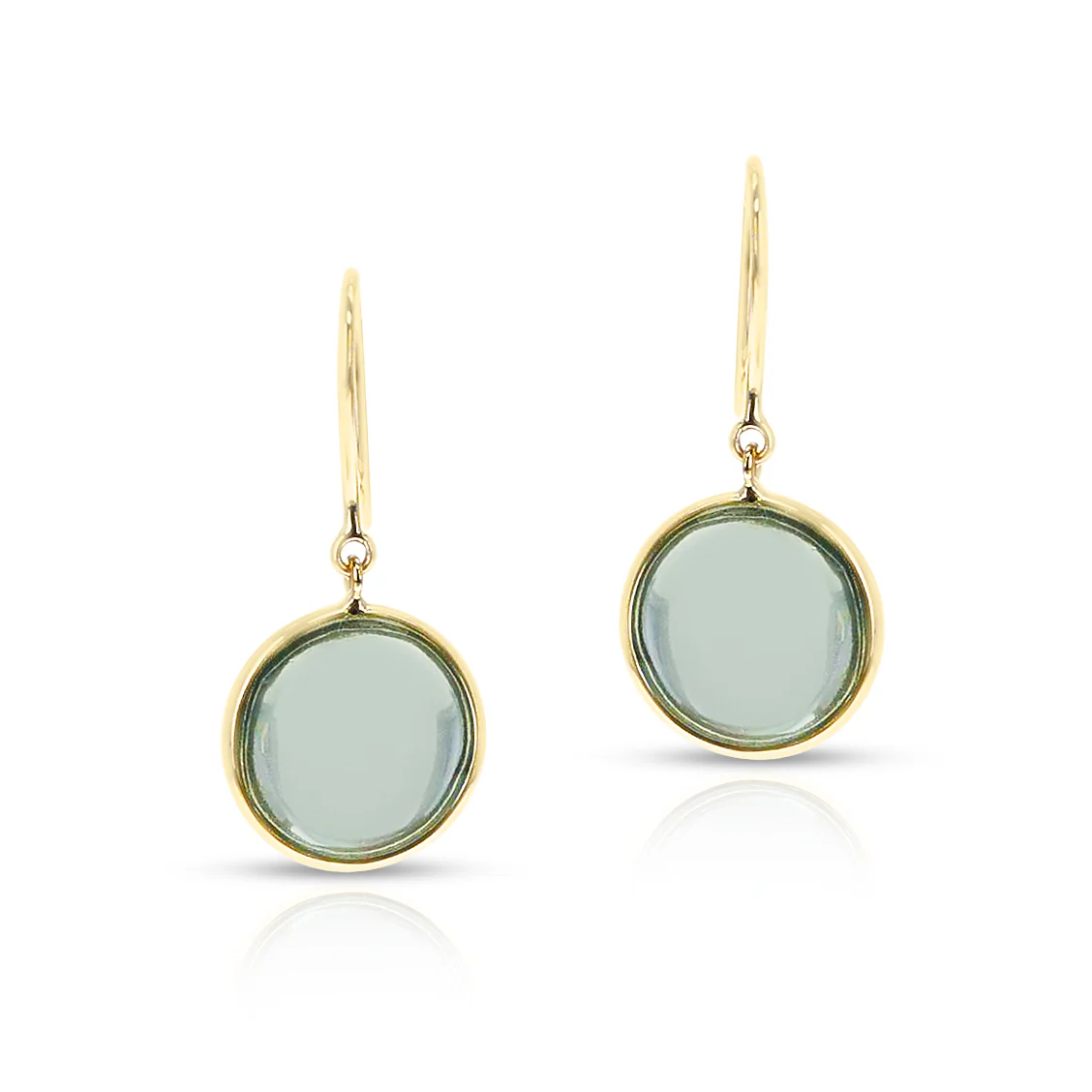 Green Amethyst Round Shape Dangling Earrings made in 18 Karat Yellow Gold.