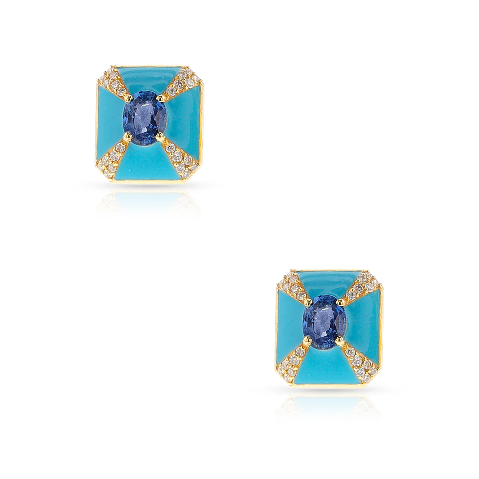 Blue Enamel, Blue Sapphire and Diamond Rectangular Earrings, 18k