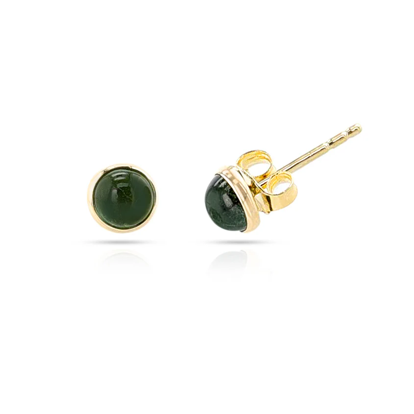 Green Tourmaline Round Cabochon Studs, 14K