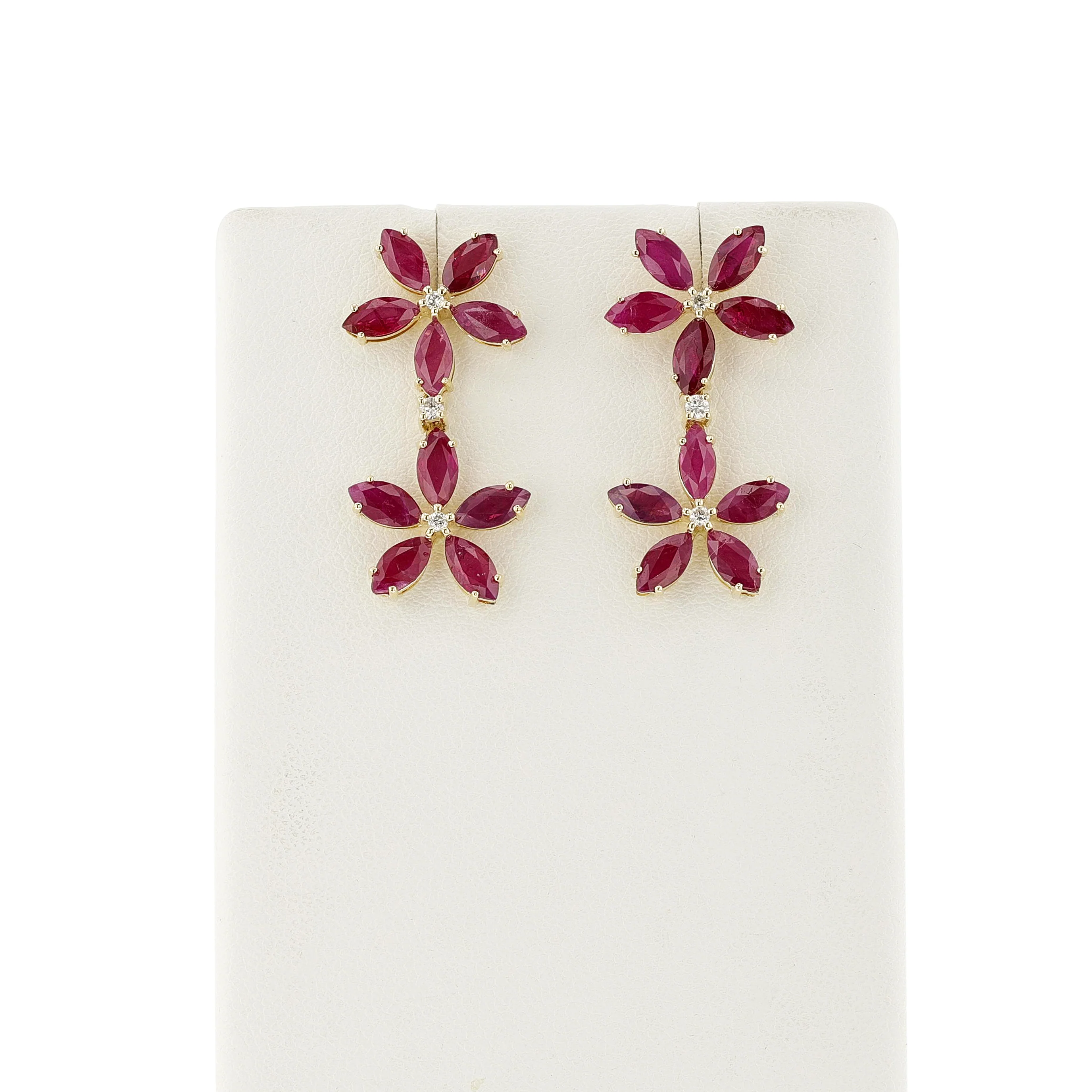 Double Floral Marquise Ruby and Diamond Dangling Earrings, 14K