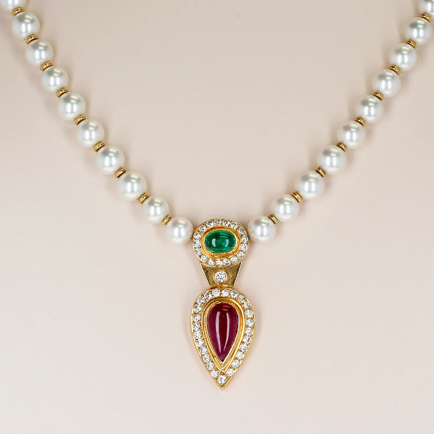 Cultured Pearl Beads Necklace with an Emerald and Ruby Cabochon, and Diamonds