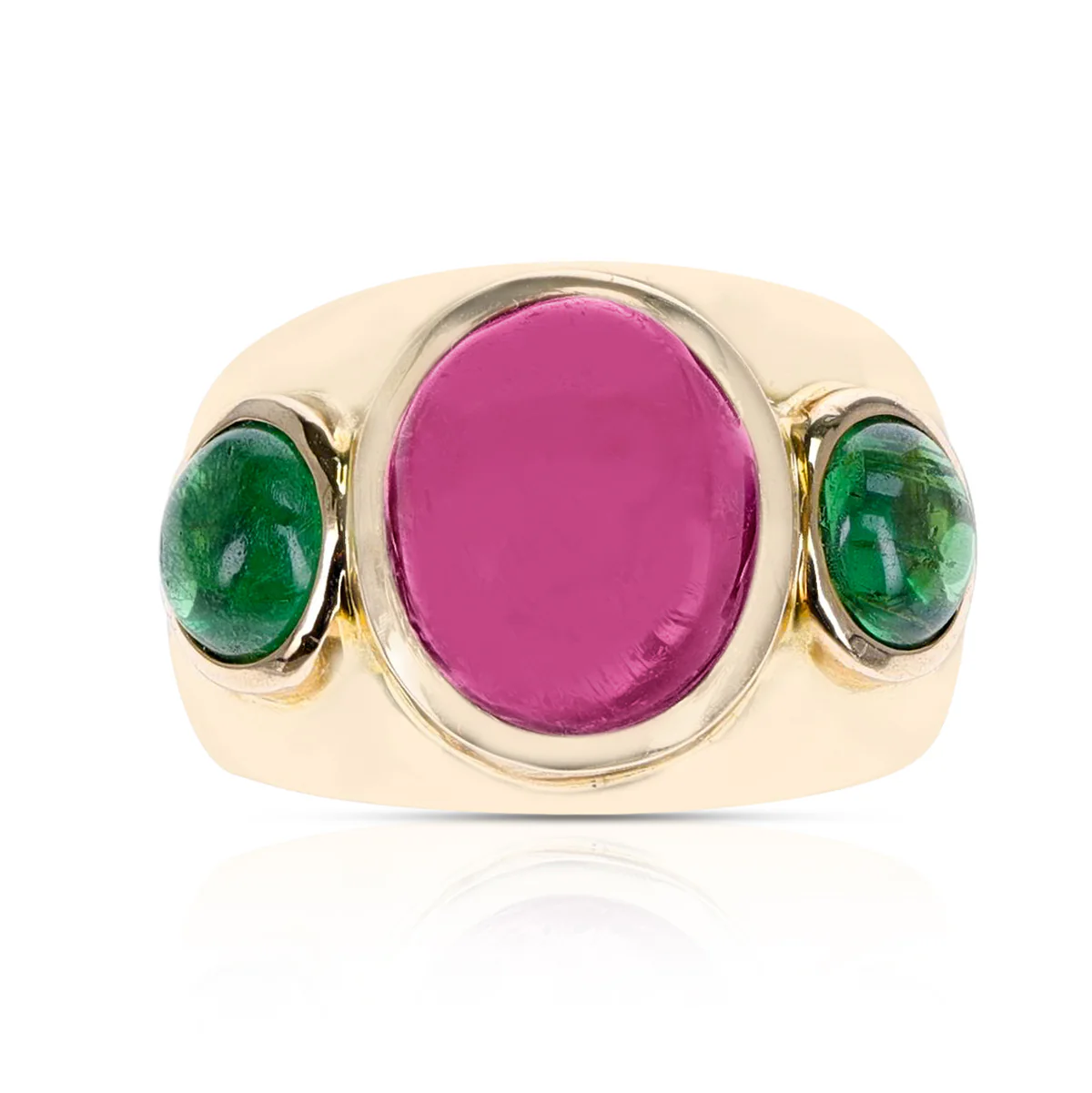Three Stone Pink and Green Tourmaline Ring, 14K Yellow Gold