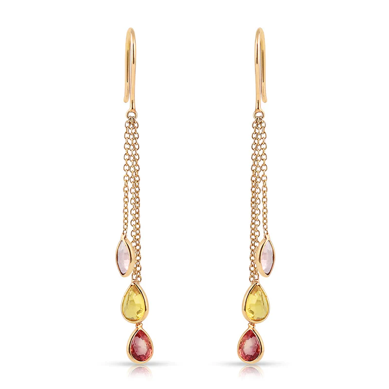 Ruby, Sapphire, Emerald Dangling Drops Earrings made in 18 Karat Yellow Gold.
