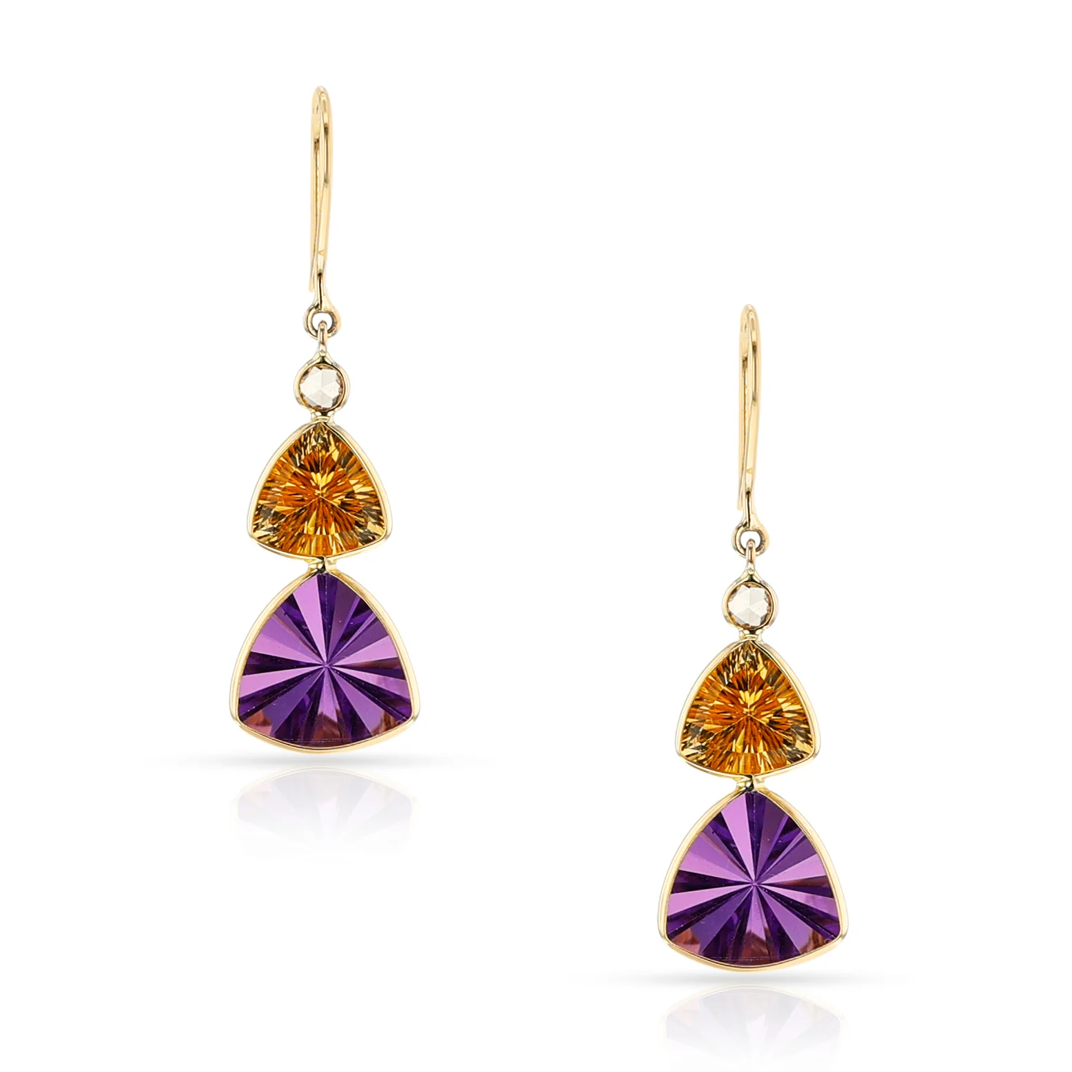 Triangular Citrine and Amethyst with Diamond Rose Cut Hoop Earrings, 18k