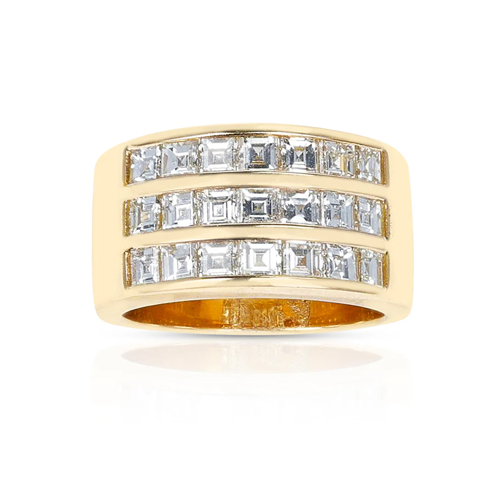Three Row Diamond Band, 18K Yellow Gold