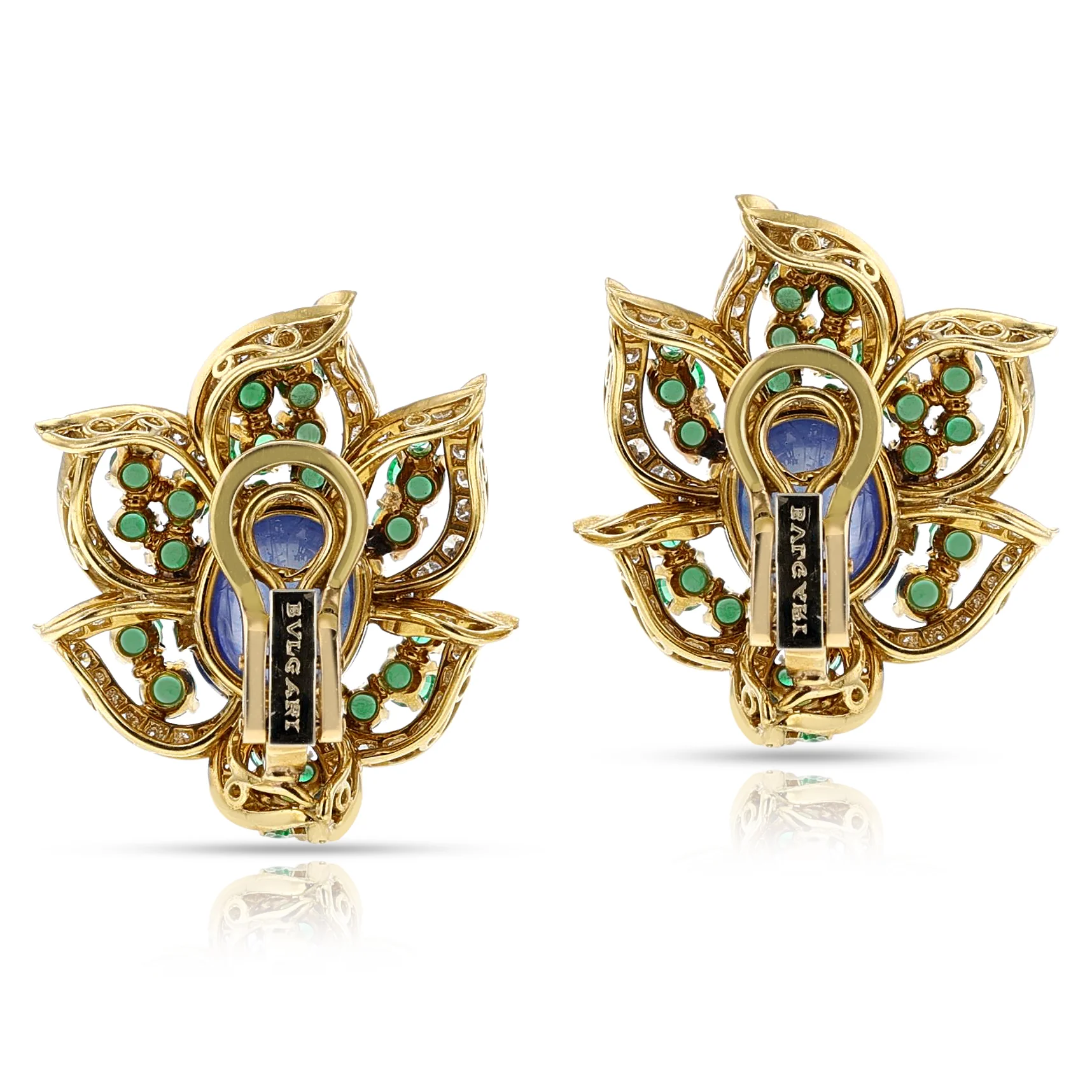 1970s BVLGARI GIA Certified Unheated Sapphire Cabochon, Emerald and Diamond Earrings, 18k