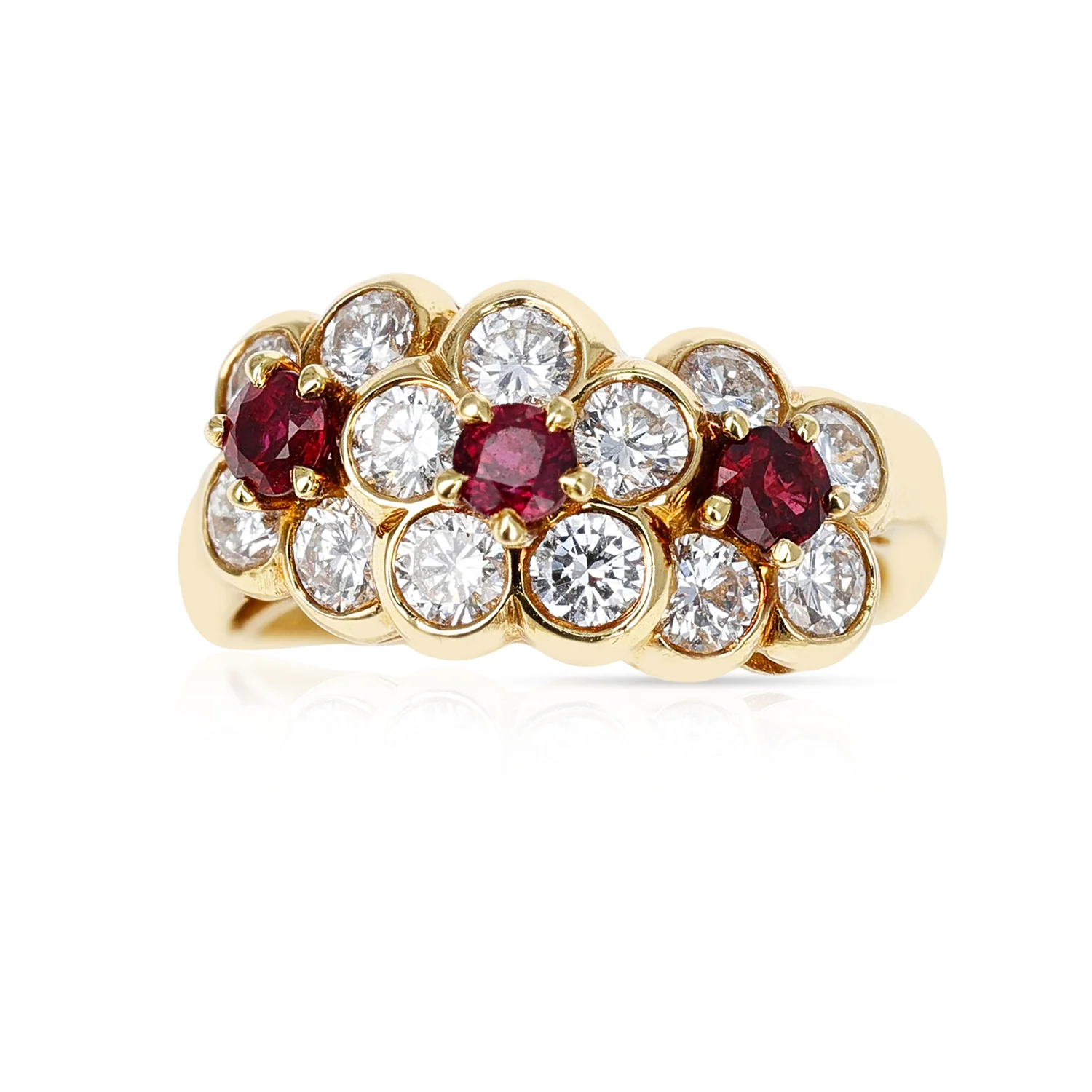 Van Cleef & Arpels Tri-Floral Ruby and Diamond Ring, 18k Yellow Gold