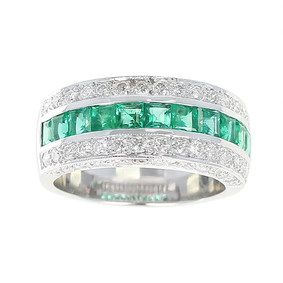 Channel Invisibly Set Square Emeralds with Round Diamonds Half-Eternity Band Ring