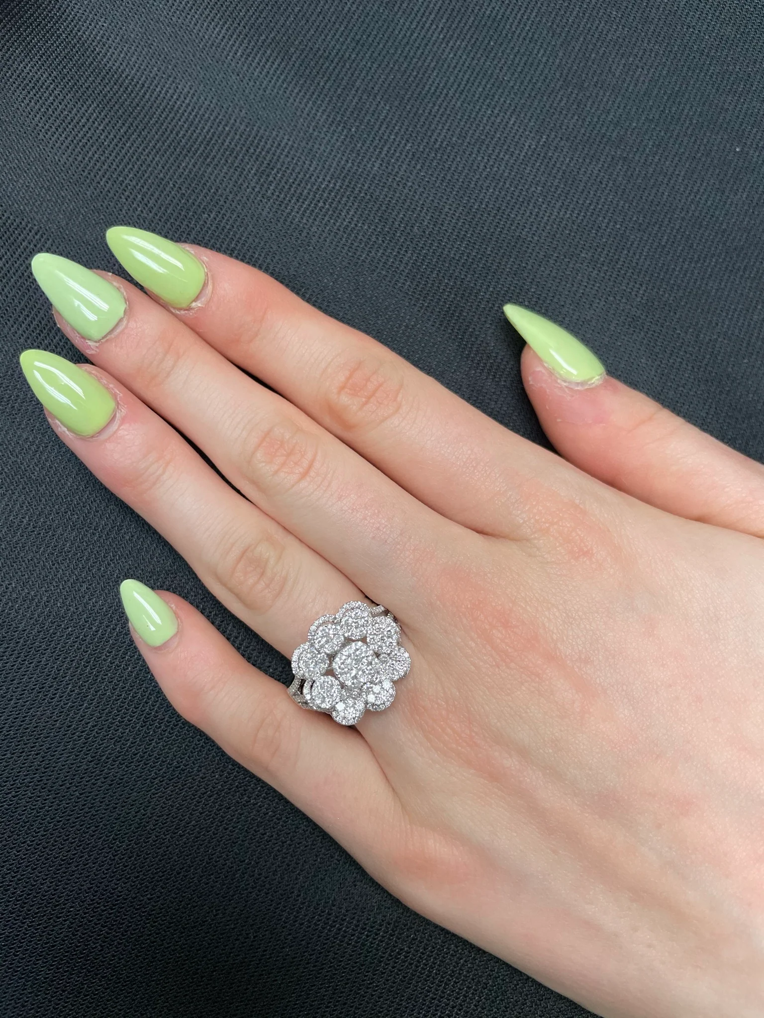 Floral Round Diamonds Cocktail Ring, 18K White Gold