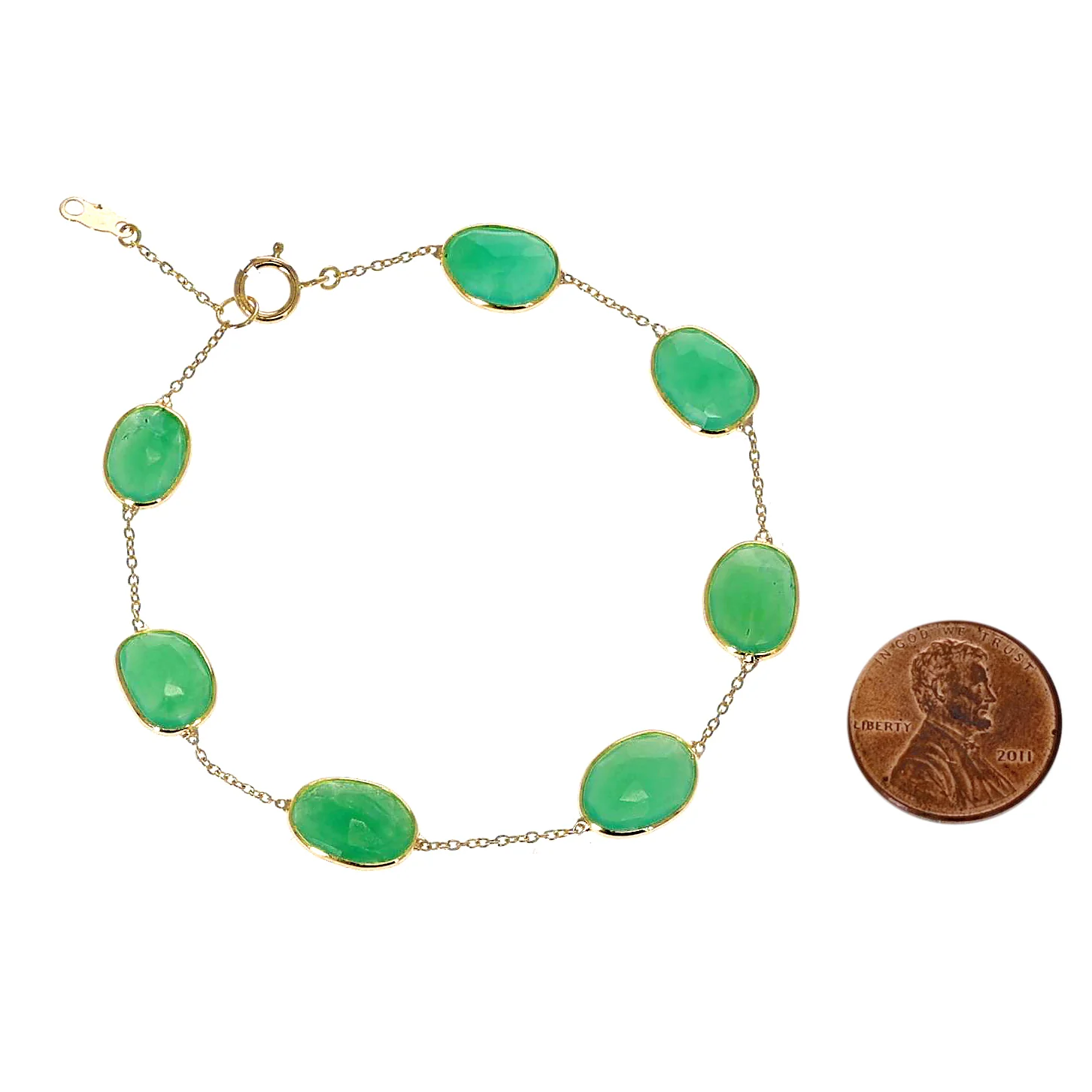 Oval Cut Genuine Chrysophrase 18k Yellow Gold Bracelet