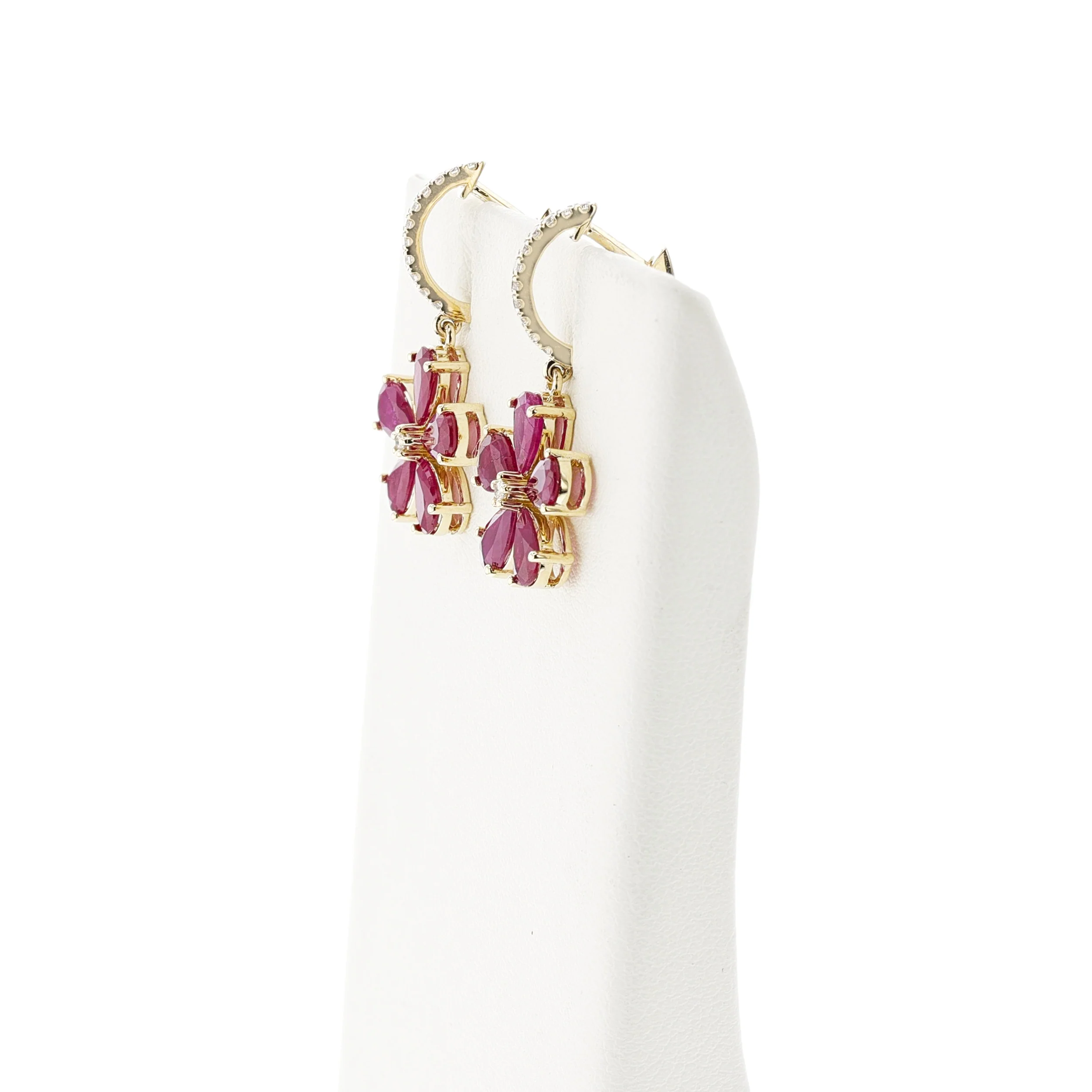 Floral Pear Ruby and Diamond Dangling Hoop Earrings, 14k Yellow Gold