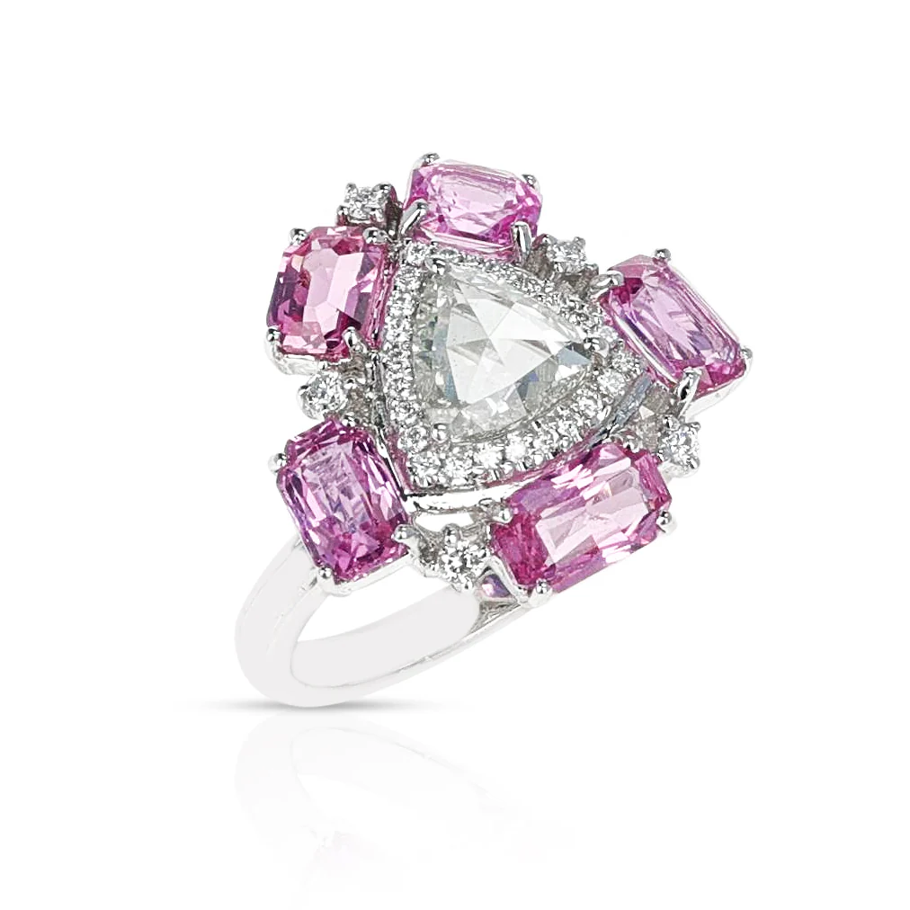 Triangular White Diamond Rose Cut Ring with Diamonds and Pink Sapphire, 18K
