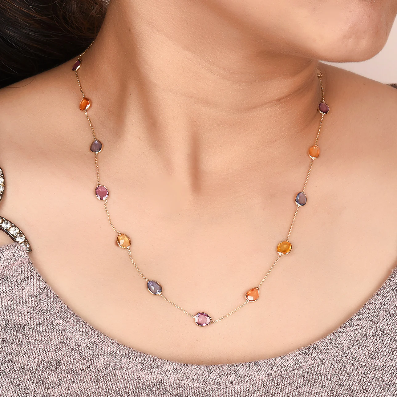 Mixed-Cut Genuine Multi-Sapphire 18k Yellow Gold Necklace