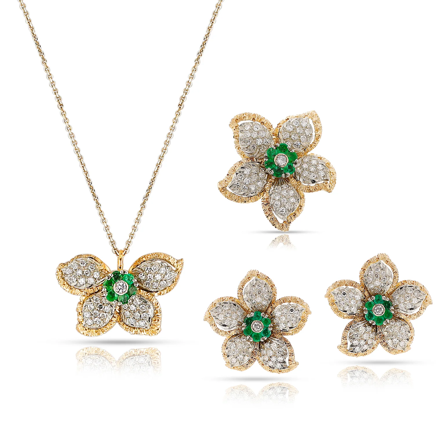 Floral Diamond and Emerald Earring, Ring, Pendant Set, 18k