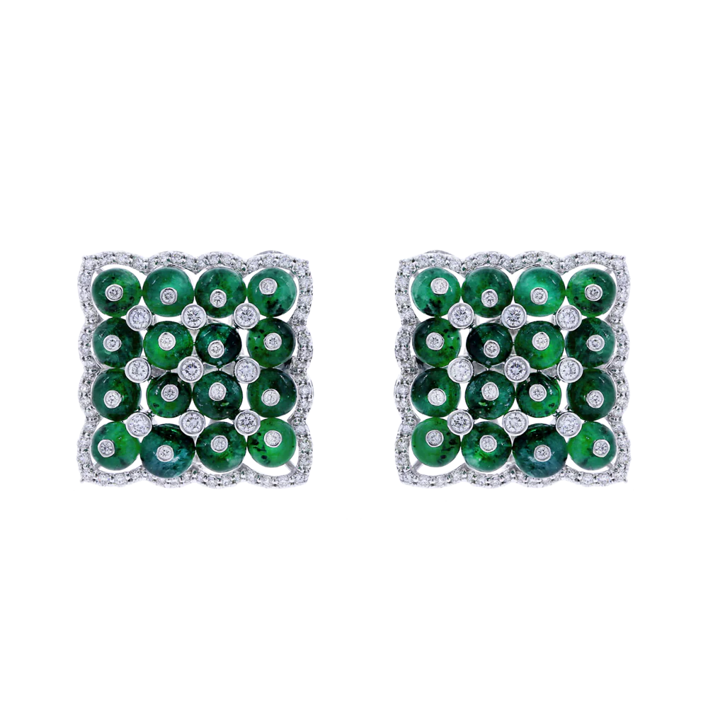 Square Emerald Earrings with Diamonds, 18K White Gold