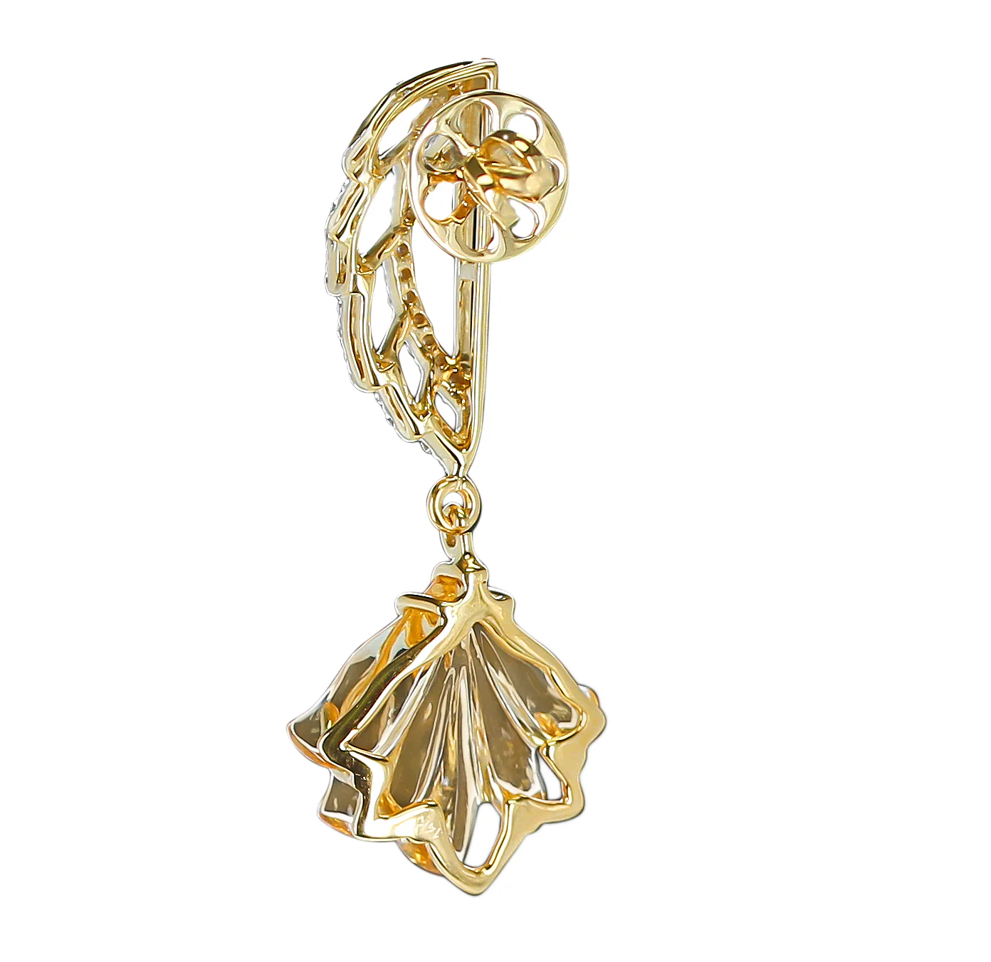 Carved Citrine and Diamond Wing Earrings, 14K Gold