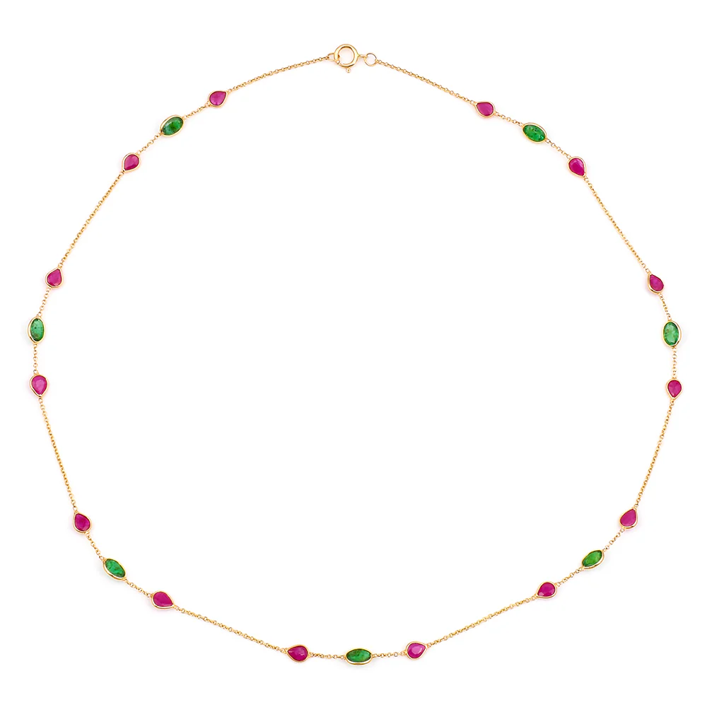 Oval and Pear Emerald, Ruby, 18k Yellow Gold Necklace