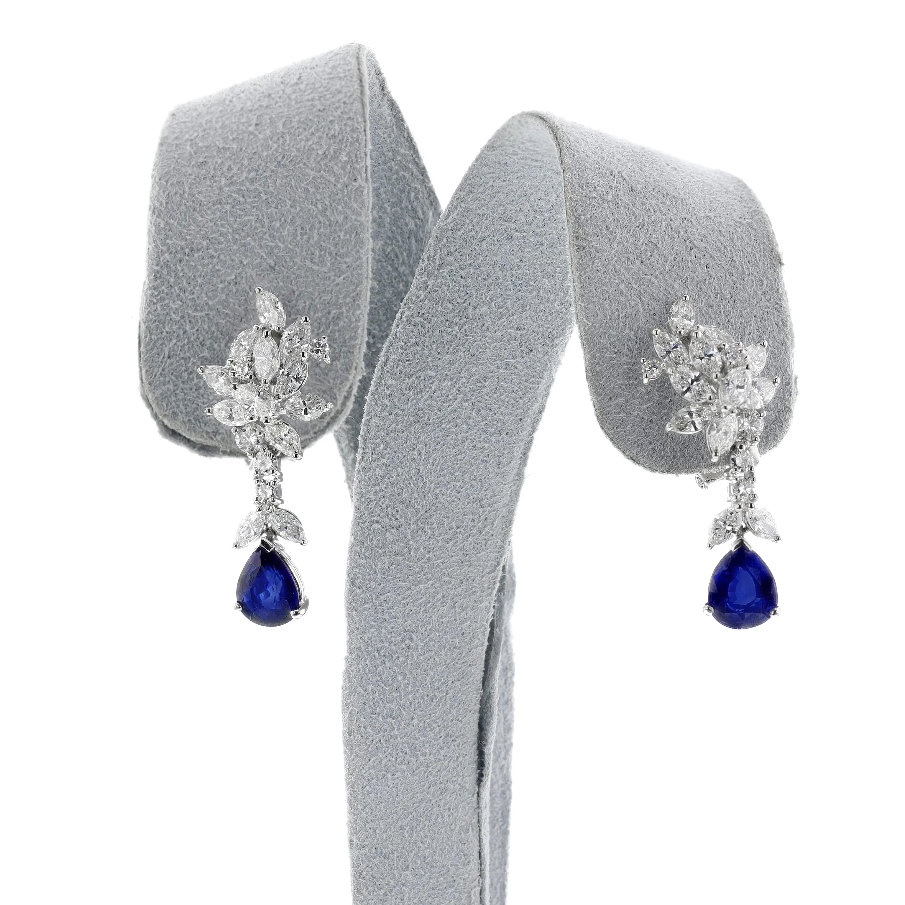 Pear Shape Sapphire with Diamonds Dangling Earrings, Platinum