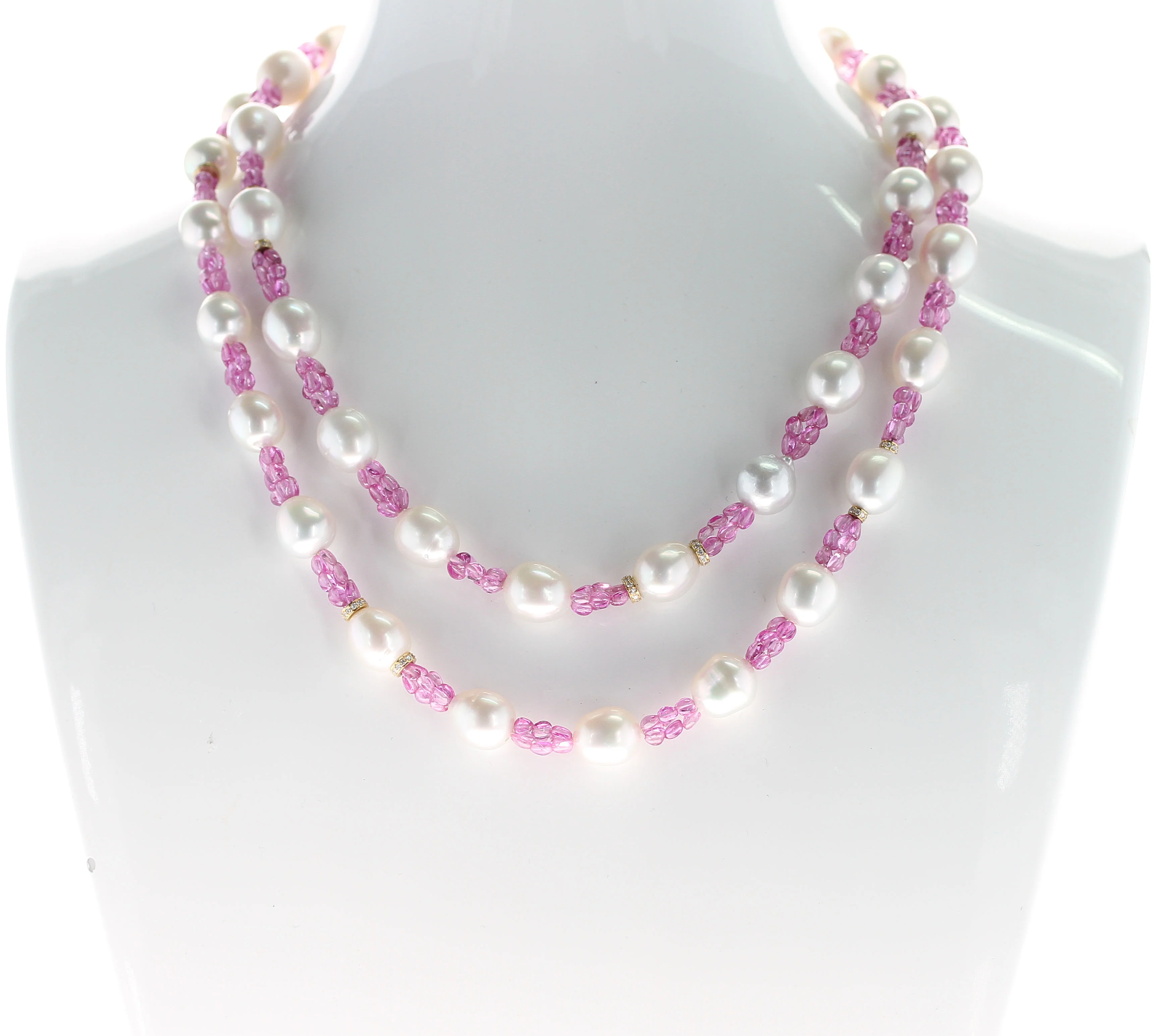 South Sea Pearl, Pink Sapphire, and Diamond & Gold Roundels Beads Necklace