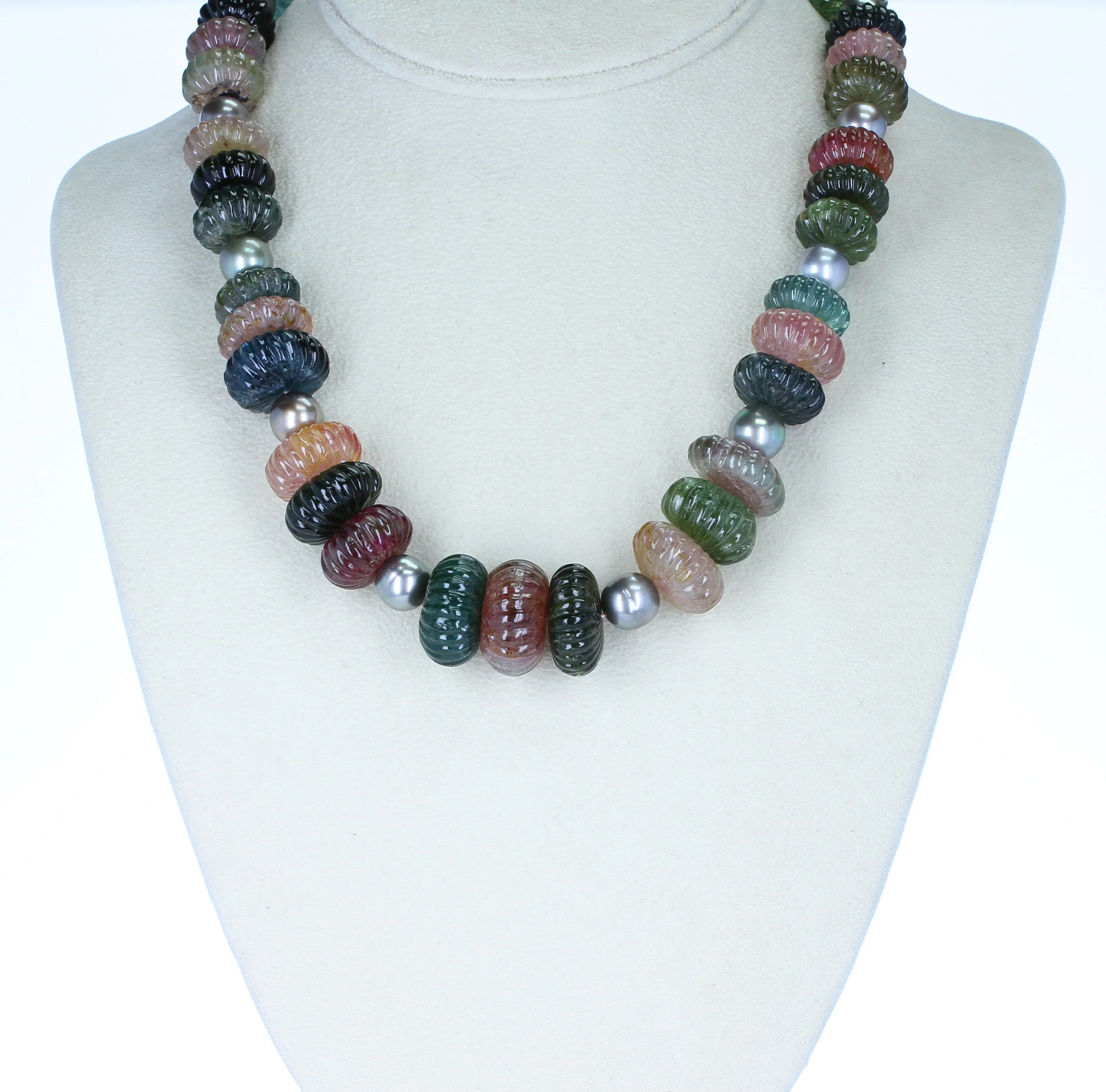 Tourmaline Carved Beads Necklace with Tahitian Pearls and Emerald Clasp