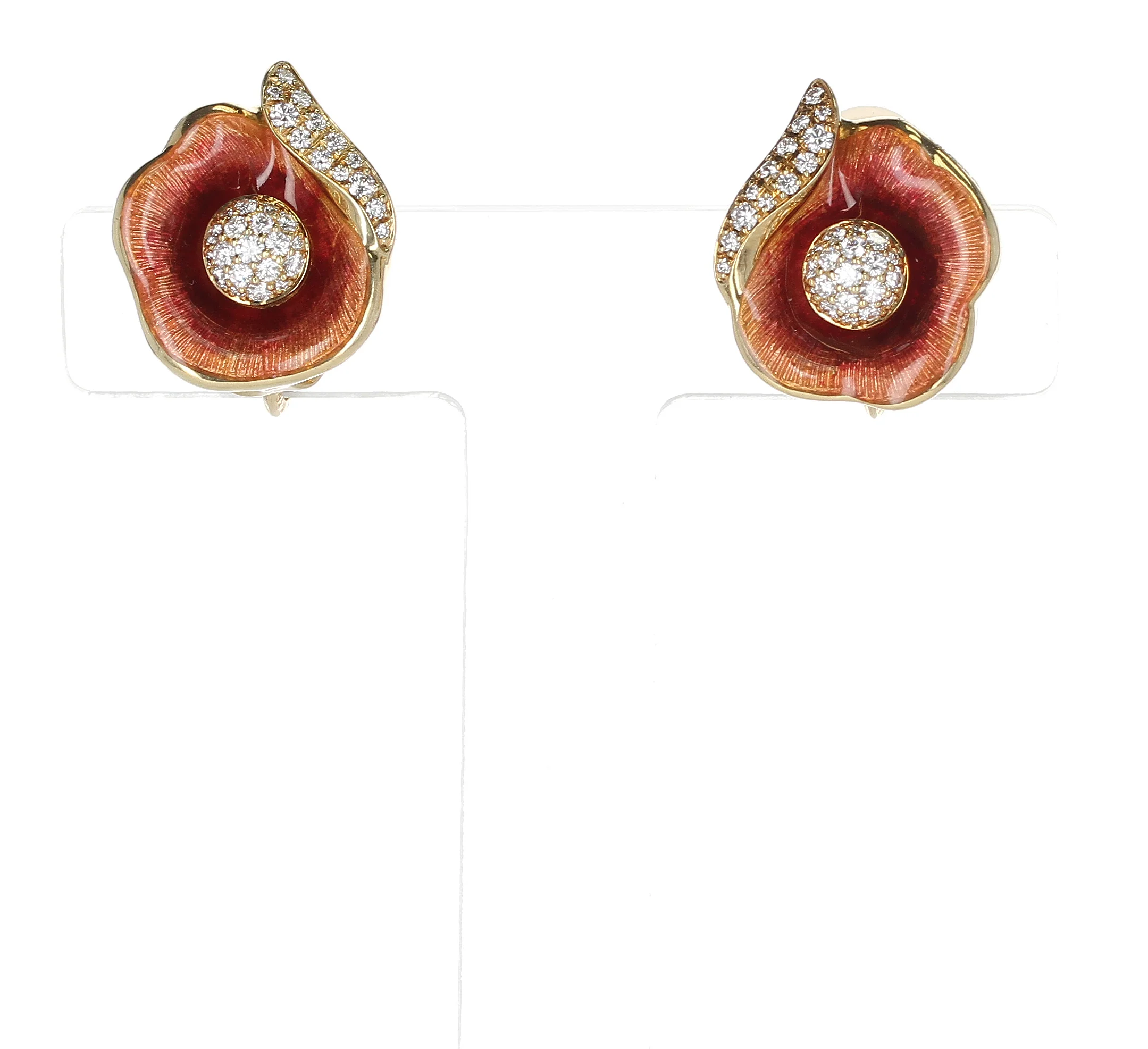 Fabergé Floral Enamel and Diamond Earrings, 18 Karat Yellow Gold