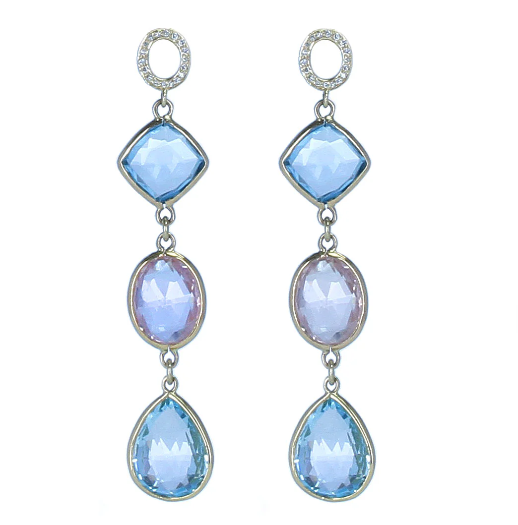 Rose Quartz and Blue Topaz Earrings with Diamonds, 18K Yellow